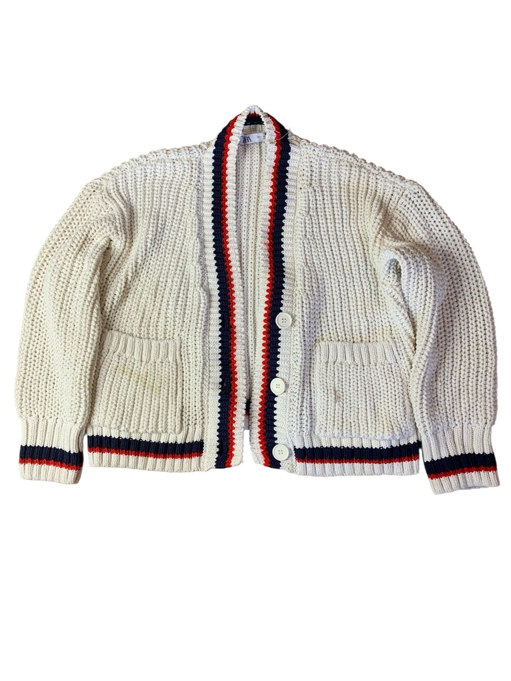 ZARA Chunky Cable Knit Varsity Cardigan Sweater Cream Red Navy Size L